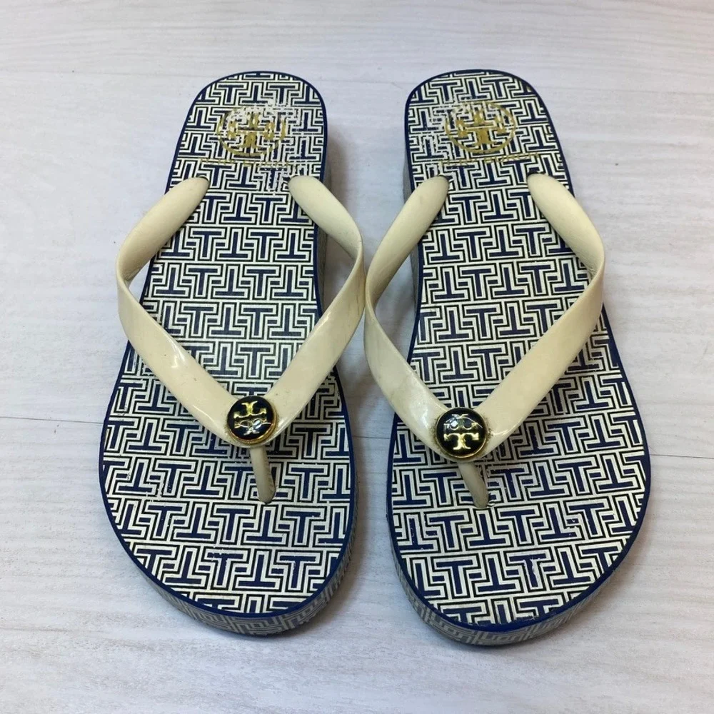 Tory Burch Womens 8 Platform Flip Flops Wedge Navy Logo Rubber Sandal Beach
